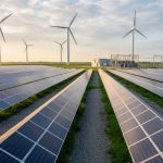 Utility-scale solar panels in the foreground with wind turbines in the distance under golden hour sunlight, representing clean energy investment trends.