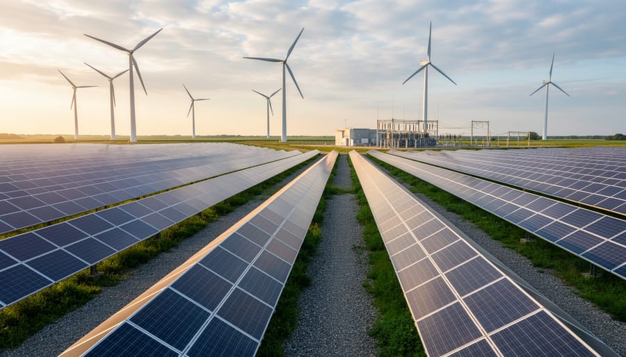 Utility-scale solar panels in the foreground with wind turbines in the distance under golden hour sunlight, representing clean energy investment trends.