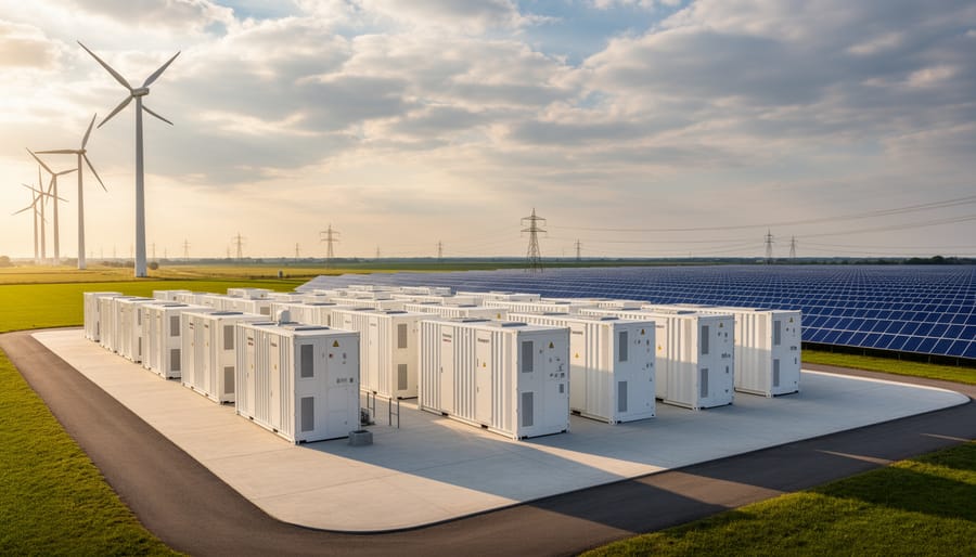 Close-up of battery storage modules with visible cooling fins and wiring inside a clean container