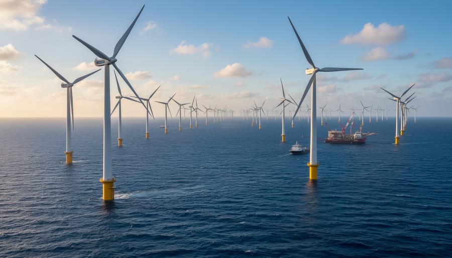 Offshore wind turbines on the horizon with golden hour lighting