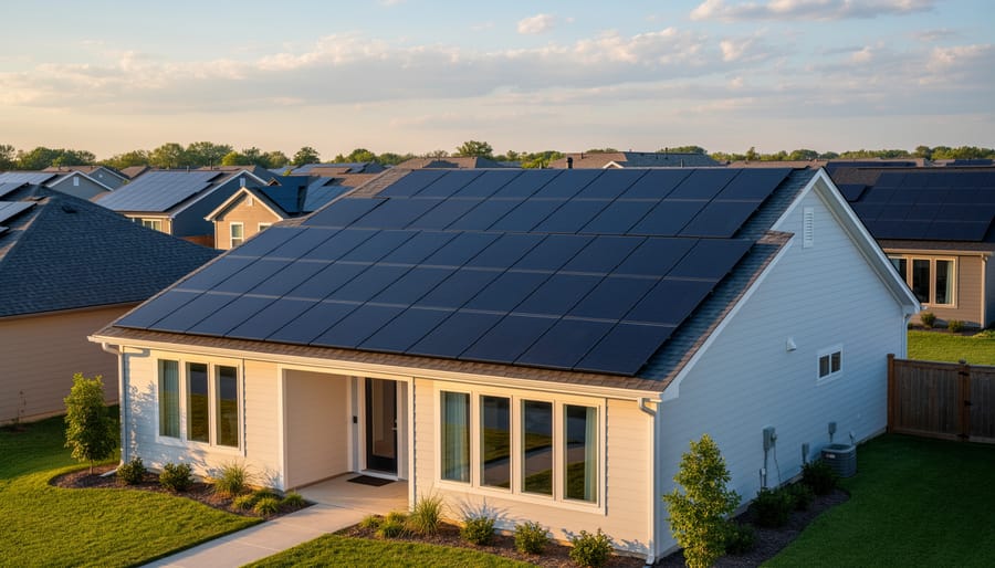 Rooftop solar panels installed on a residential building under daylight