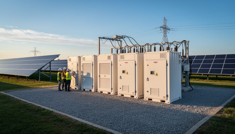 Battery energy storage rack at a solar power site with cooling modules visible