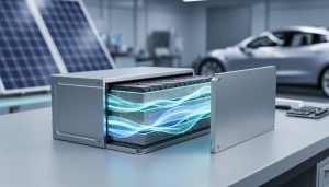 Close-up of a modern battery module on a workbench in a clean industrial lab, with faint solar and electric vehicle cues in the blurred background.