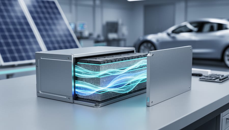 Close-up of a modern battery module on a workbench in a clean industrial lab, with faint solar and electric vehicle cues in the blurred background.