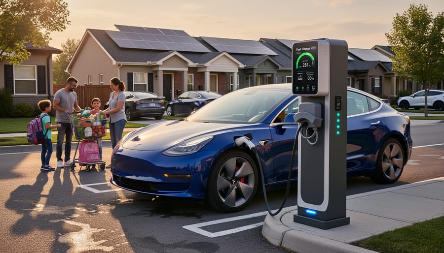 Electric vehicle connected to a charging station at dusk