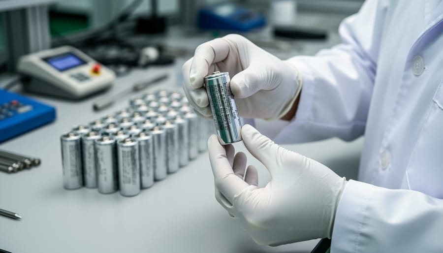 Technician’s gloved hands holding battery cells in a workshop setting
