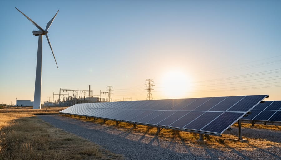 Sunrise landscape showing wind turbines, a solar panel array, and distant electric grid infrastructure representing renewable energy investment themes.