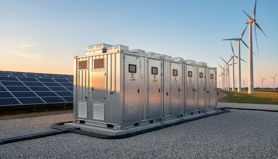 Close view of battery energy storage units in an industrial clean-energy facility.