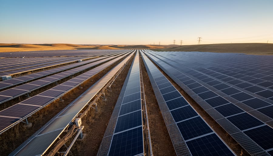 Utility-scale solar panels with sunlight reflections and green vegetation in the background.