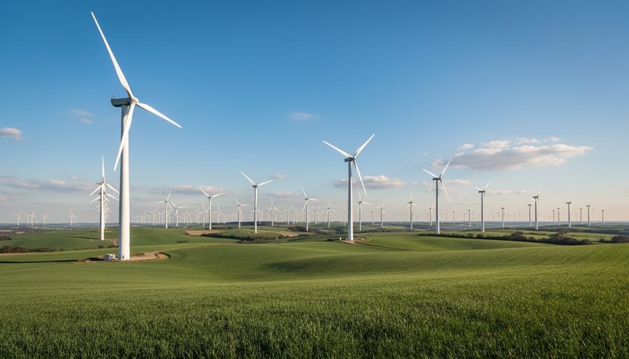 Wind turbines generating electricity under a bright blue sky during golden hour.