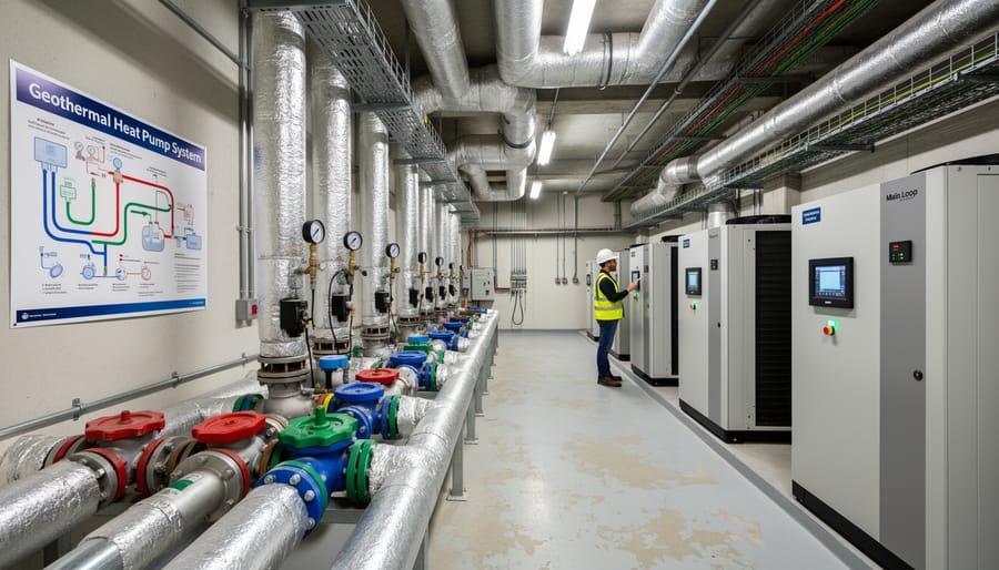 Indoor mechanical room with insulated piping and geothermal heat pump equipment for a building.