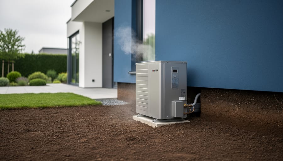 A modern home with a ground-source geothermal heat pump unit installed near the foundation, shown in natural outdoor landscaping under soft overcast light.