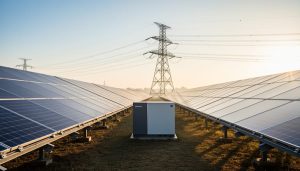 Wide golden-hour view of blue solar panels with power transmission lines and nearby energy storage equipment, representing solar grid integration and reliability.