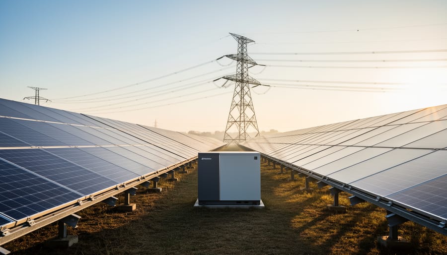 Wide golden-hour view of blue solar panels with power transmission lines and nearby energy storage equipment, representing solar grid integration and reliability.
