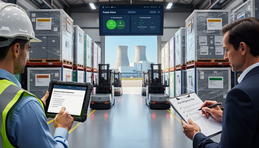 Industrial professionals reviewing nuclear-grade material canisters in a facility environment