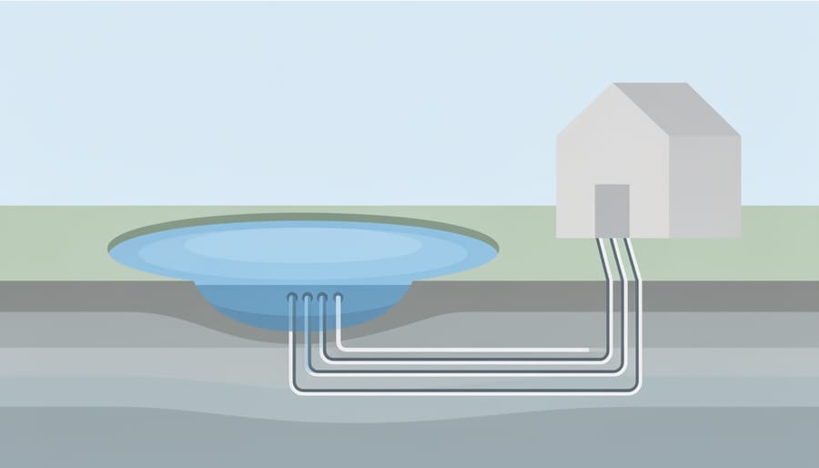 Pond scene near geothermal-related water infrastructure for a heat pump system.
