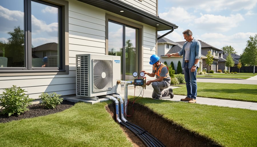 Outdoor geothermal heat pump unit installed beside a landscaped home.