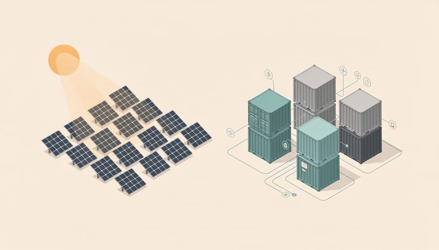 Battery energy storage units installed alongside solar panels at a modern energy facility