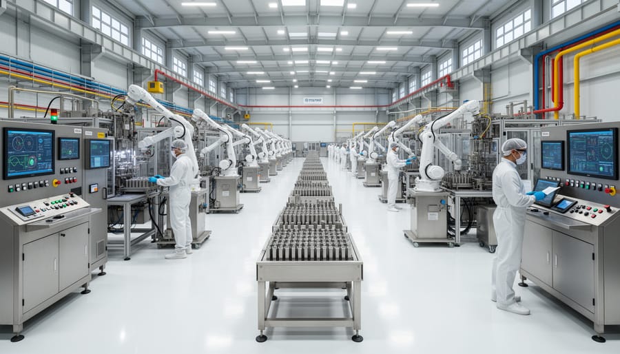 Cleanroom-style nuclear fuel fabrication equipment with cylindrical components inside a containment chamber