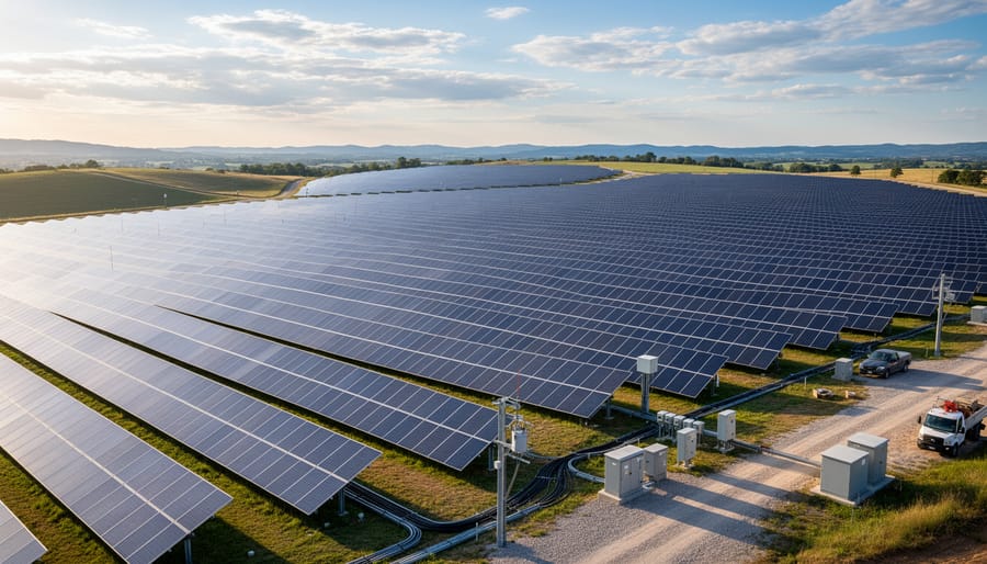 Wide view of rows of solar panels at a utility-scale solar farm during golden hour