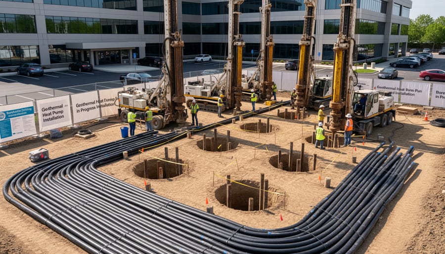 Excavator and workers preparing vertical boreholes for a geothermal heat pump installation.