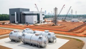 X-energy small modular reactor facility under construction with cranes and foreground fuel casks, representing nuclear fuel and reactor commercialization progress.