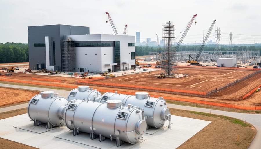 X-energy small modular reactor facility under construction with cranes and foreground fuel casks, representing nuclear fuel and reactor commercialization progress.