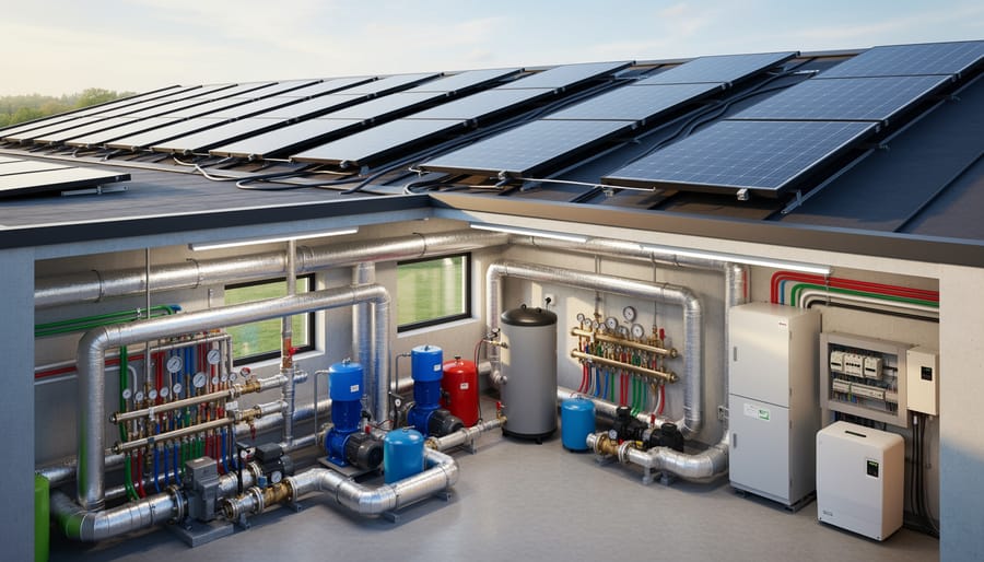 Commercial rooftop showing solar PV thermal hardware and connected insulated equipment