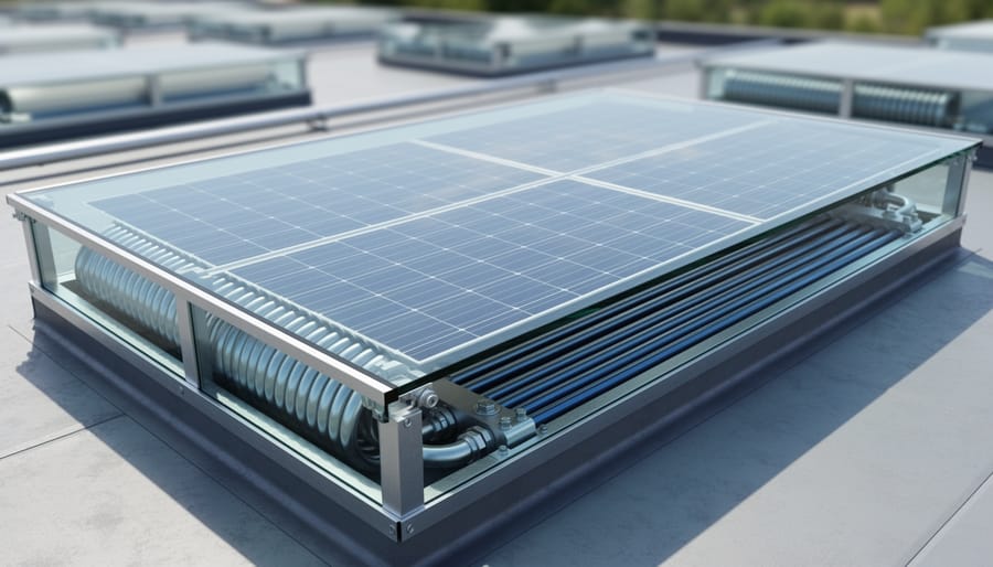 Low-angle view of integrated solar PV thermal panel surfaces on a building roof