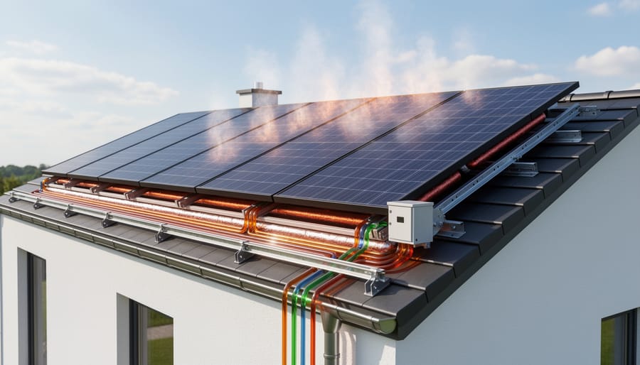 Rooftop solar PV thermal (PVT) panels installed on a residential roof