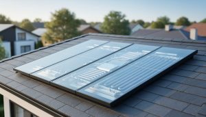 Modern rooftop solar PV thermal system (PVT) panels with integrated heat-extraction components visible beneath the panel layer. The image shows the technology functioning in bright daylight.