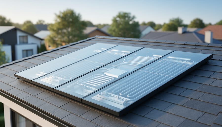 Modern rooftop solar PV thermal system (PVT) panels with integrated heat-extraction components visible beneath the panel layer. The image shows the technology functioning in bright daylight.